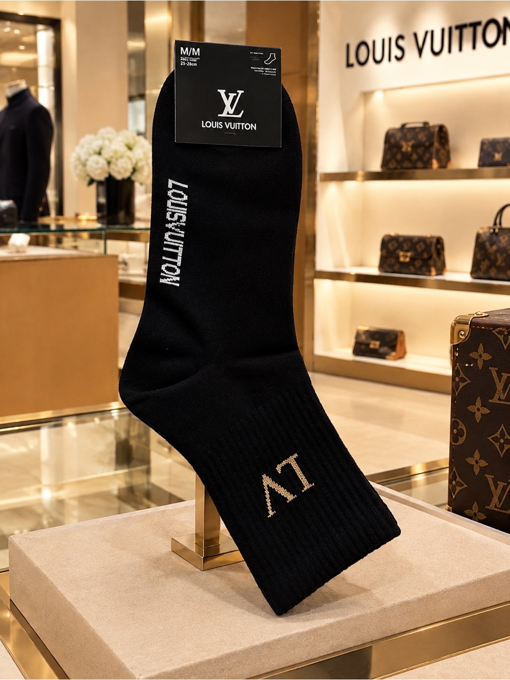 Louis Vuitton Black Crew Socks with White Logo